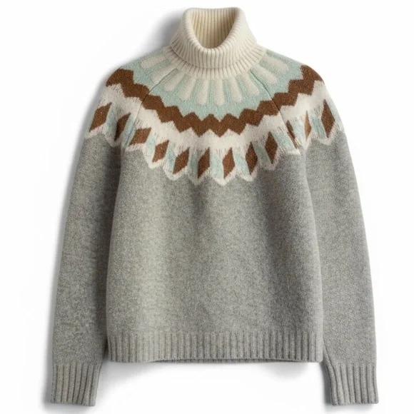 J. Crew Fair Isle Wool Alpaca Blend Turtleneck Sweater Cozy Gray Cream Brown M - Picture 1 of 8